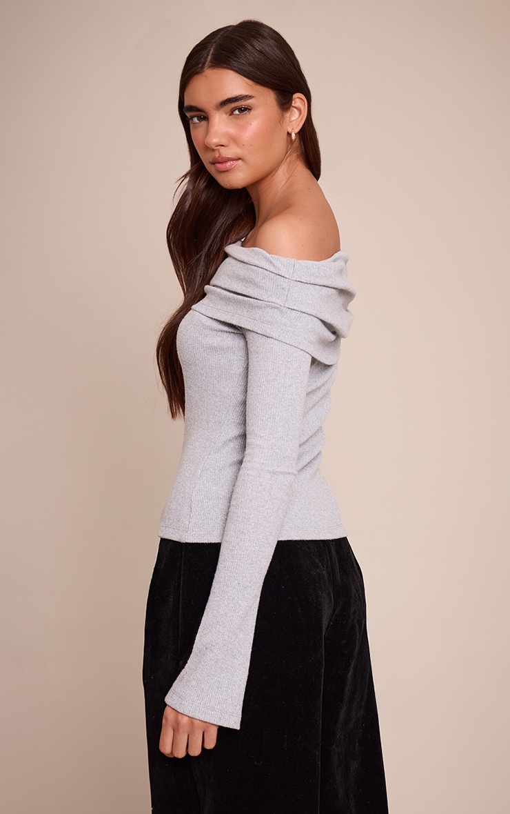 Grey Marl Thick Brushed Rib Extreme Foldover Bardot Detail Long Sleeve Top image 2