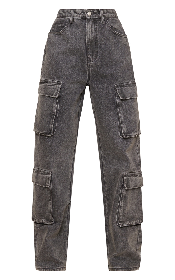  Grey Acid Wash Cargo Pocket Detail Slim Wide Leg Jeans image 3