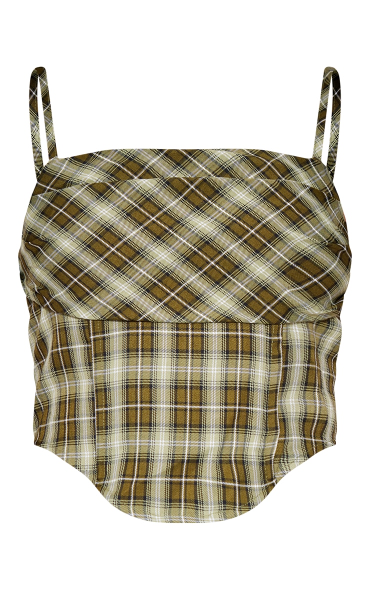 Green Checked Draped Front Corset Top image 3