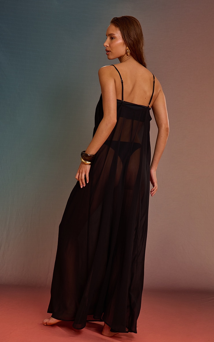 Black Ruched Plunge Chiffon Maxi Beach Dress image 2