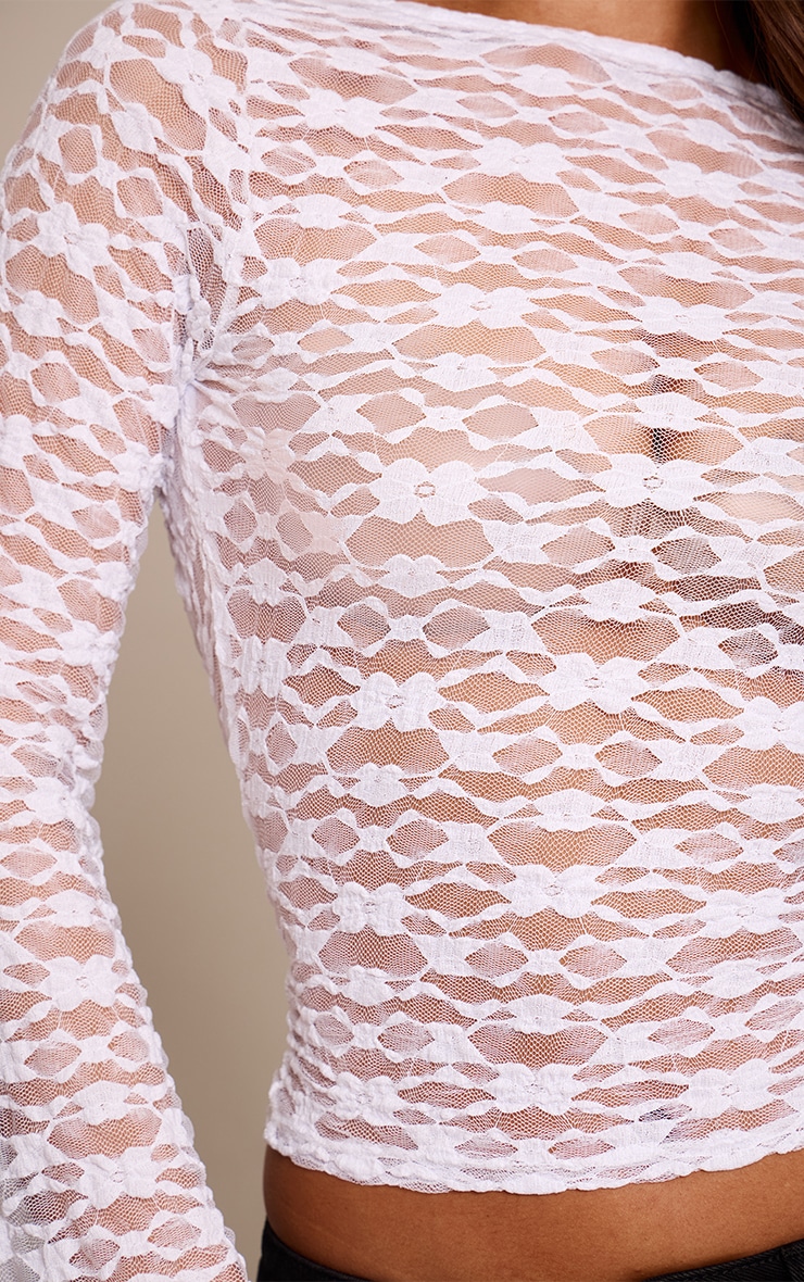 White Textured Lace Cowl Back Flared Long Sleeve Top image 4