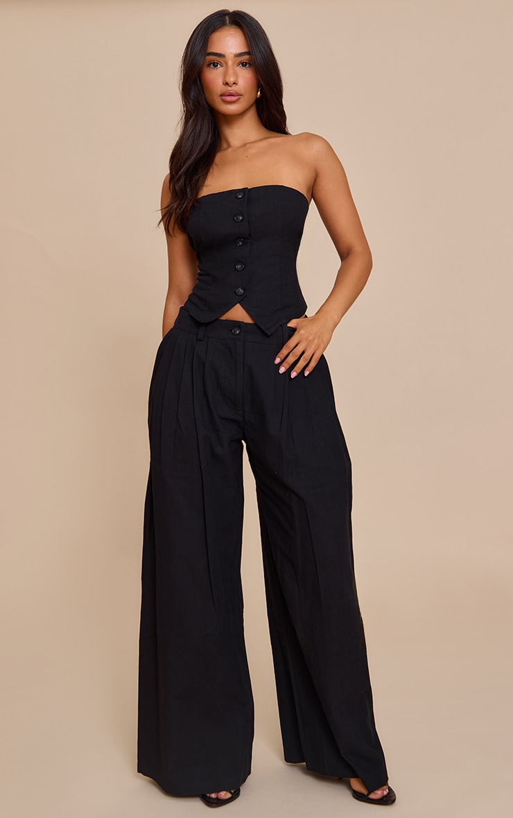 Petite Black Woven Bandeau Button Up Top image 3