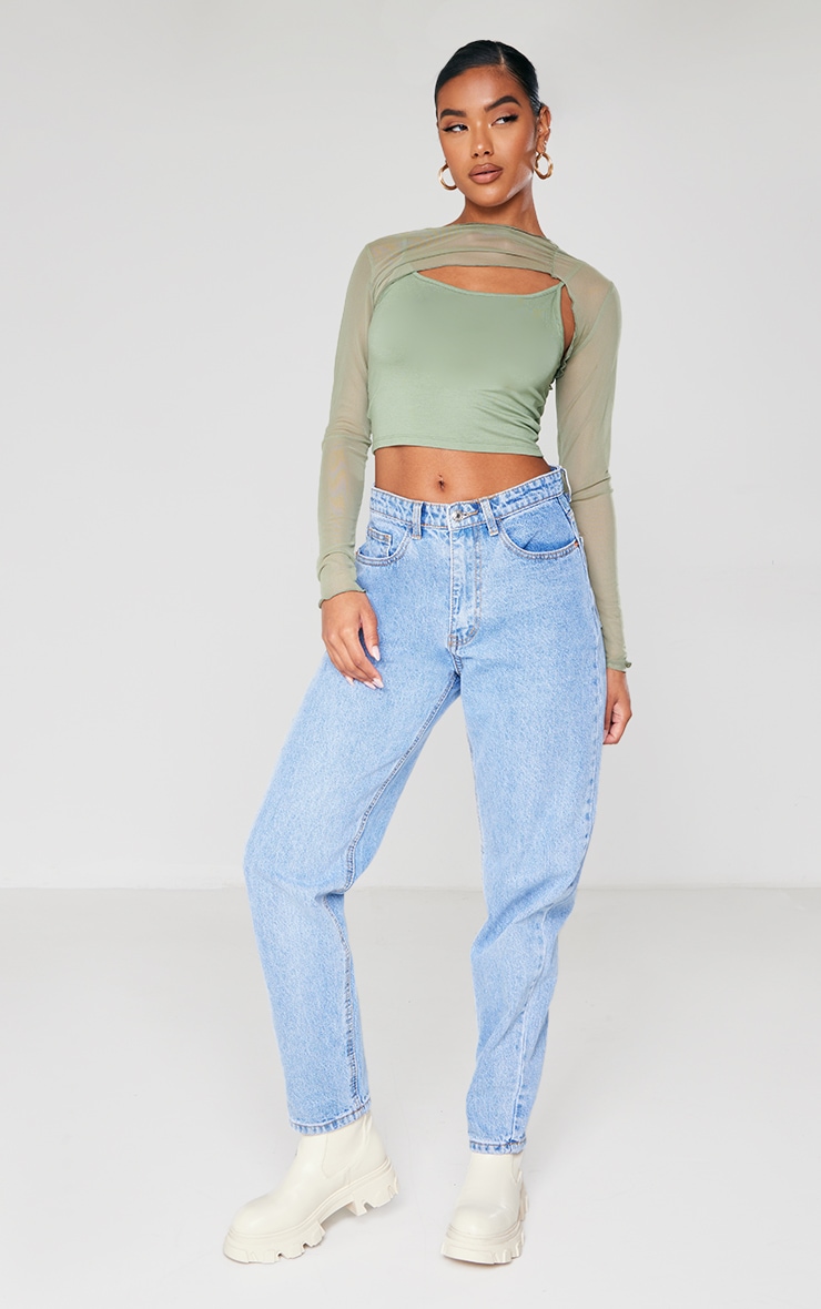 Khaki Mesh Overlavy Long Sleeve Crop Top image 1