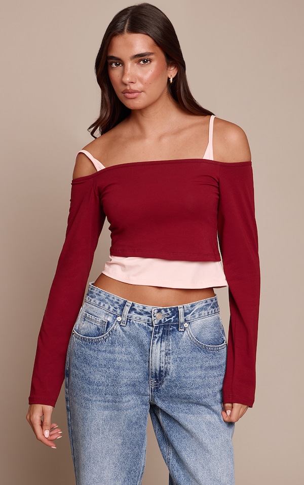 Burgundy Cotton Overlay Detail Bardot Long Sleeve Top 