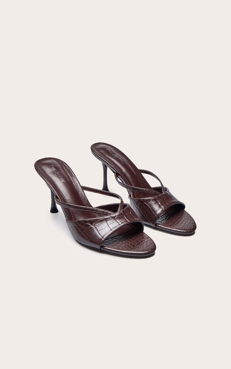 Chocolate Croc Pu Round Toe Cut Out Strap Mid Heeled Mules image 3