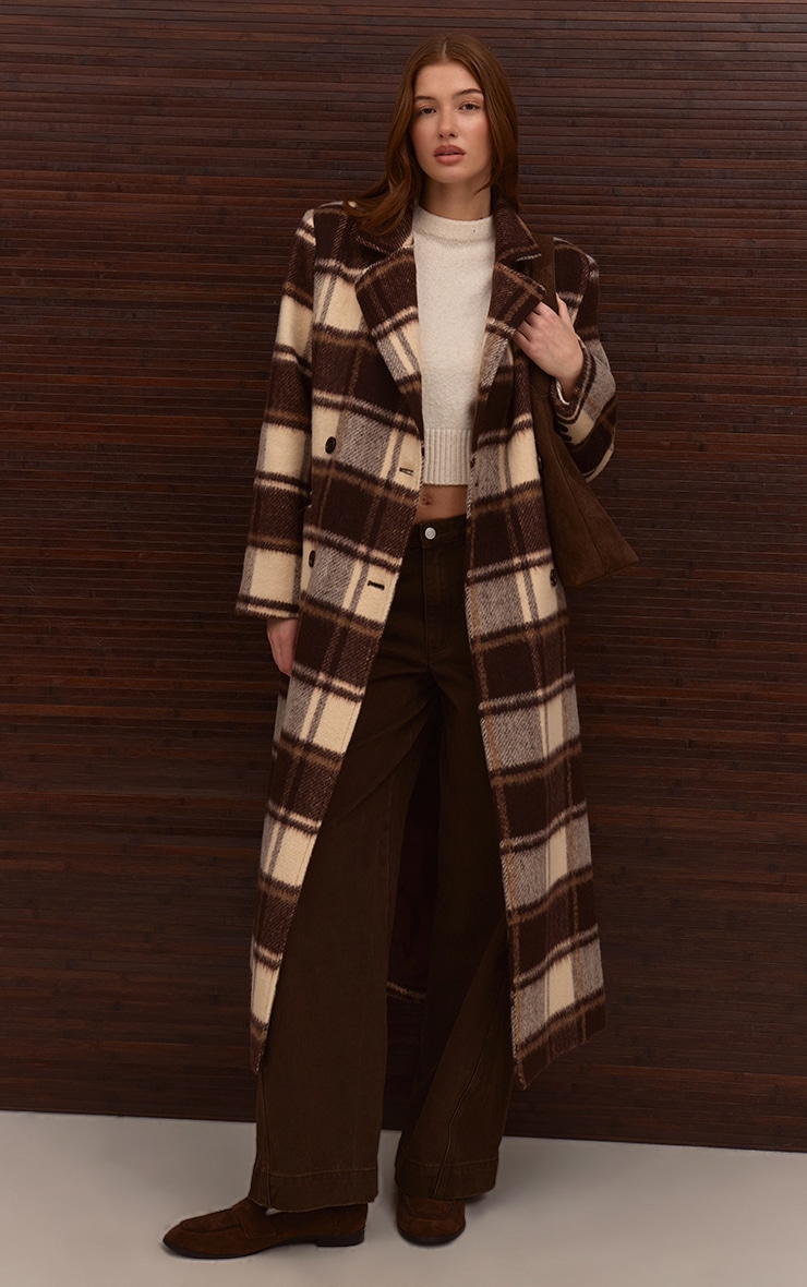 Brown Checked Structured Double Breasted Wool Look Maxi Coat image 2
