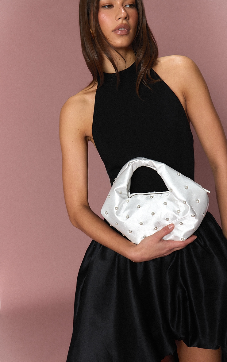Ivory Satin Pearl Stud Clutch Bag