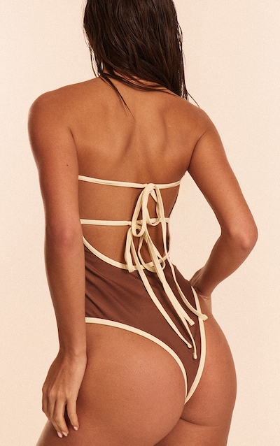Chocolate Contrast Binding Tie Back Swimsuit