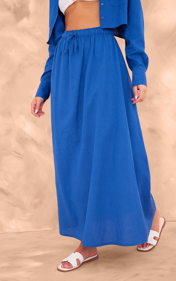 Dark Blue Linen Look Drawstring Waist Maxi Skirt image 2