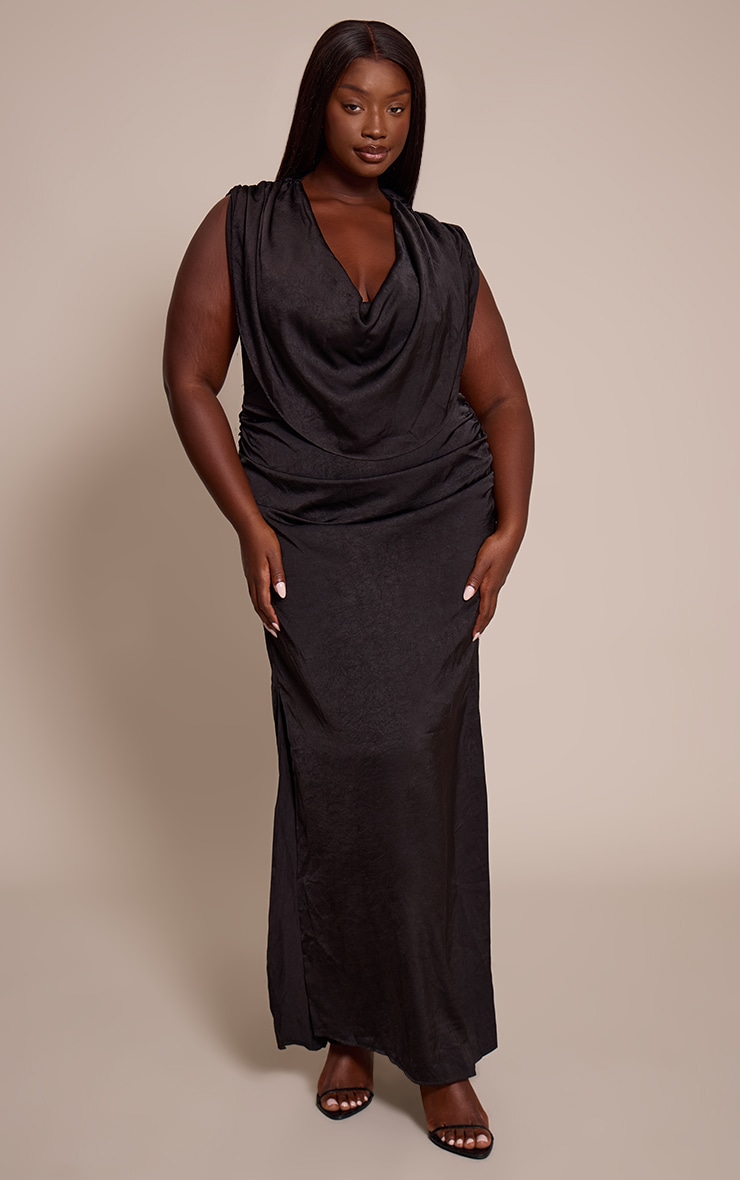Plus Black Crushed Satin Cowl Neck Maxi Dress image 1