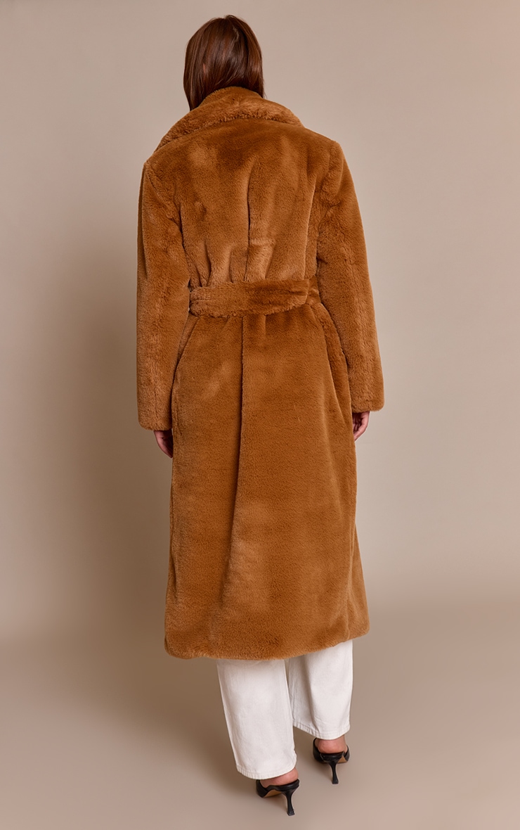 Camel Faux Fur Tie Waist Maxi Coat image 2