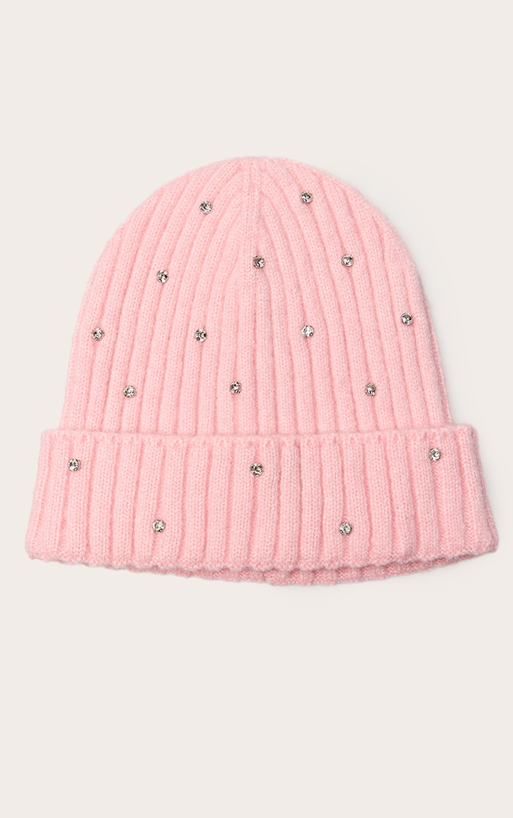 Pink Ribbed Diamante Fold Over Beanie image 2