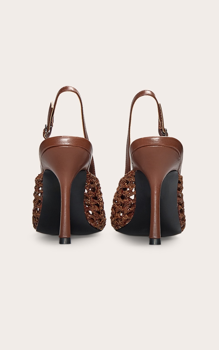 Chocolate Pu Point Toe Woven High Heeled Sling Back Courts image 3