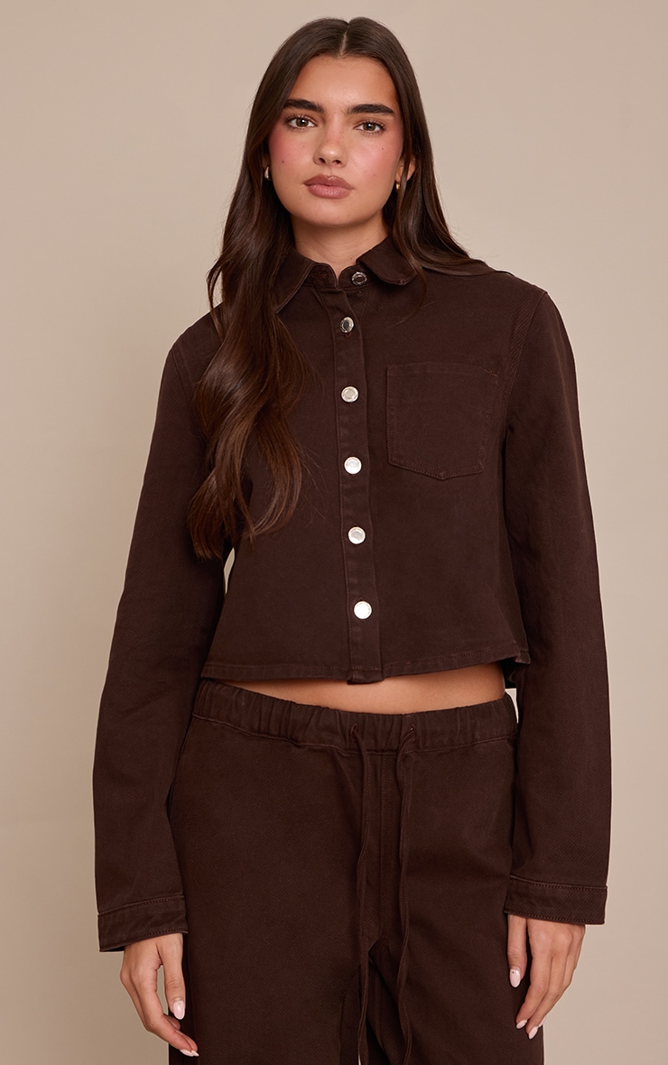 Chocolate Raw Hem Cropped Denim Shirt image 1