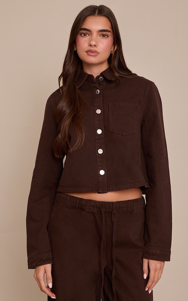 Chocolate Raw Hem Cropped Denim Shirt