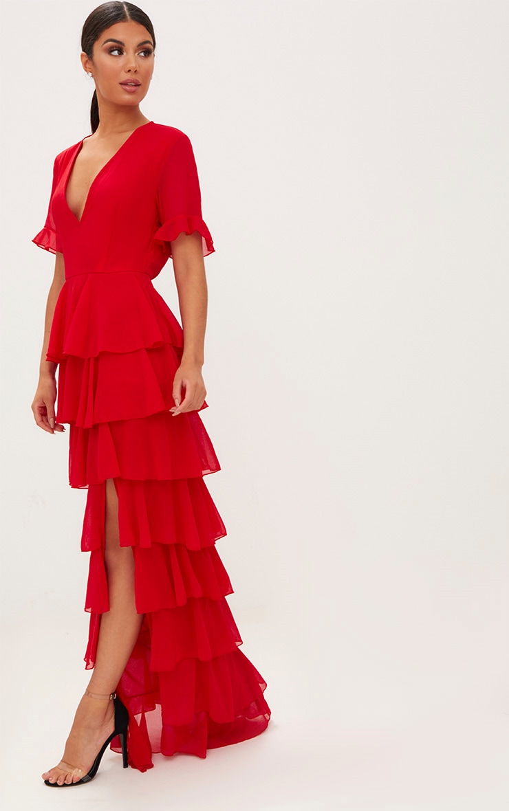 Red Chiffon Ruffle Layer Maxi Dress image 1