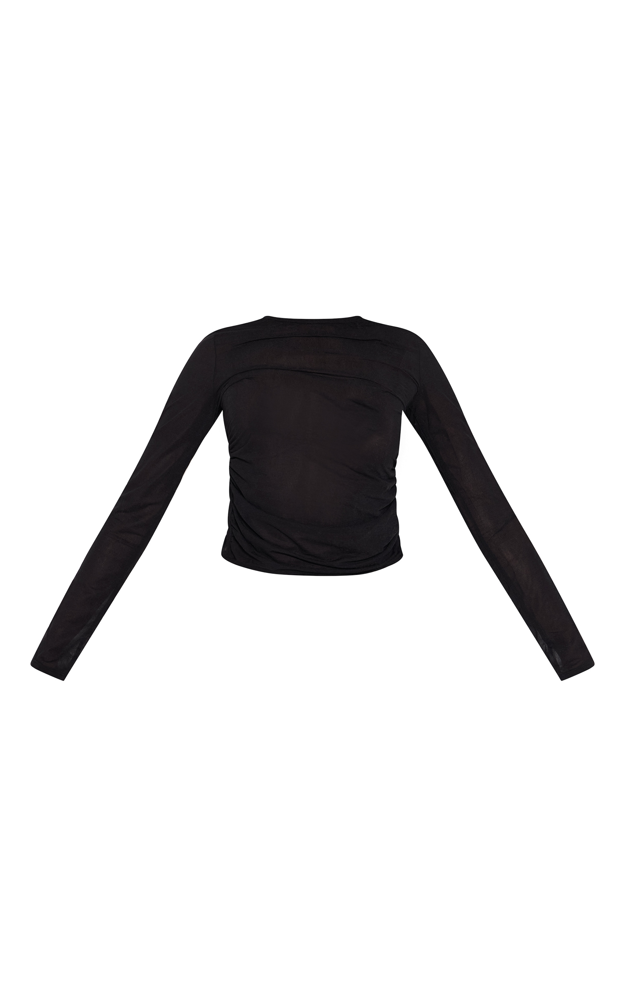 Black Sheer Mesh Ruched Side Long Sleeve Top image 1