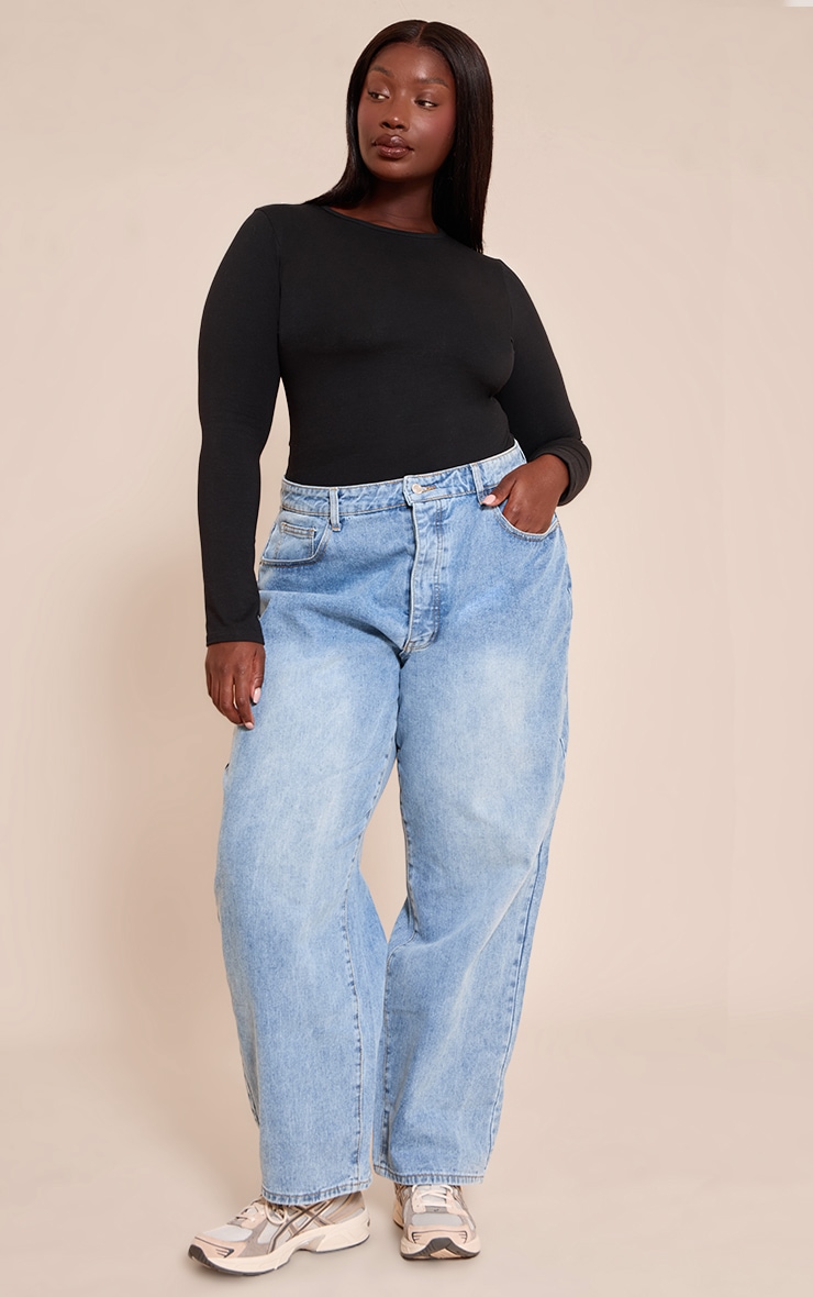 Plus Black Cotton Crew Neck Long Sleeve Bodysuit image 3