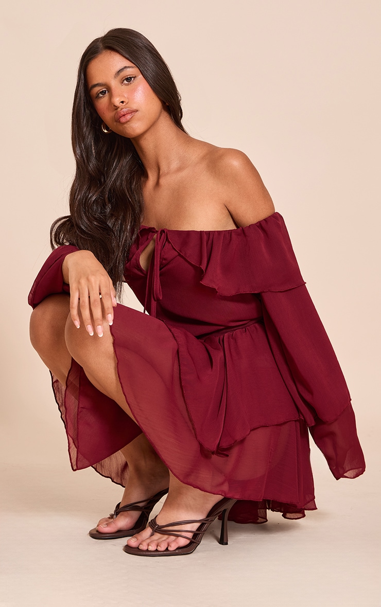 Petite Wine Chiffon Frill Detail Mini Dress image 3