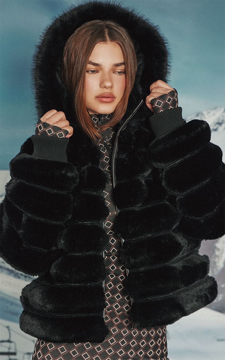 Black Panelled Faux Fur Coat image 1