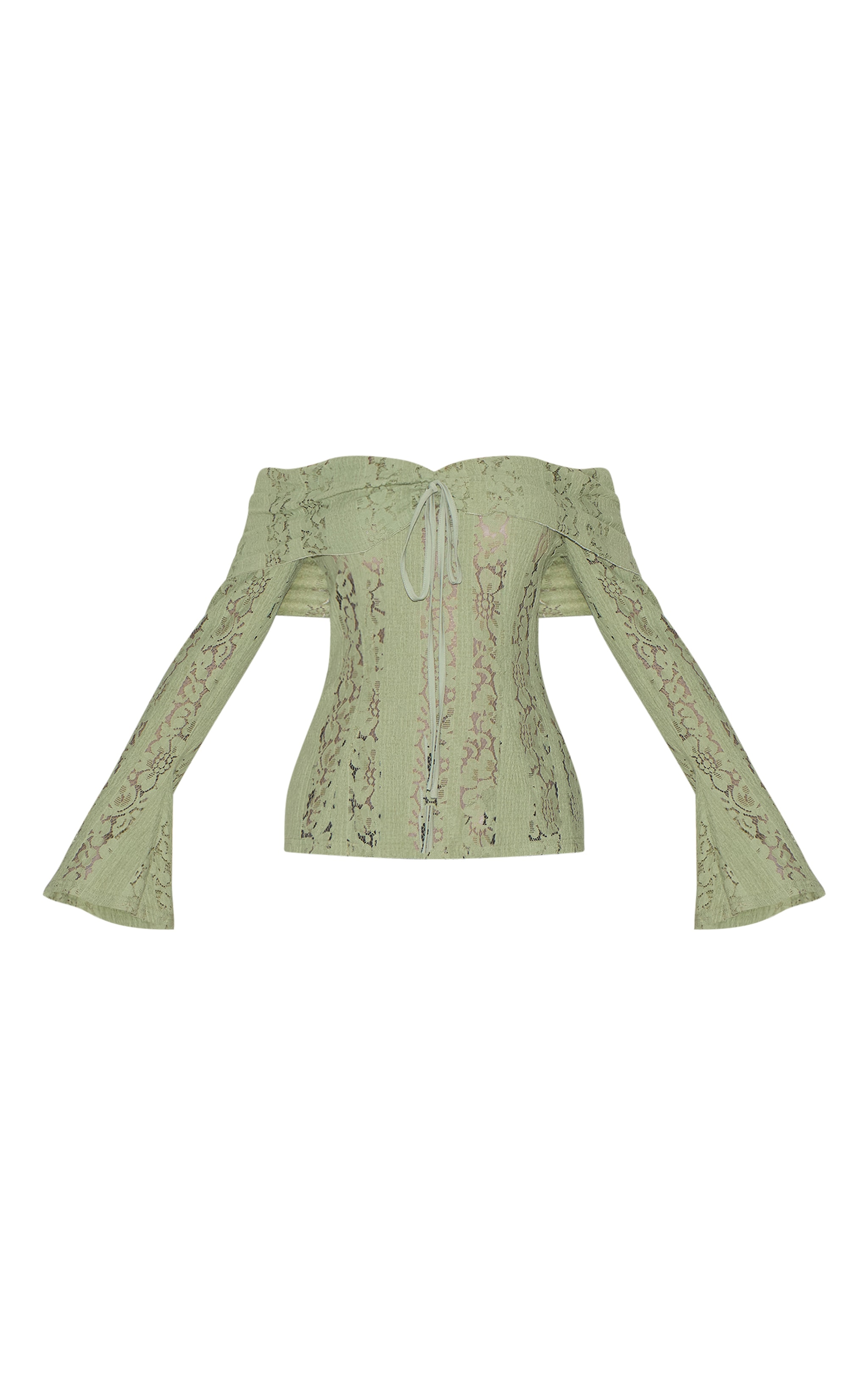 Top ajusté en dentelle sauge à col bardot et manches évasées image 5