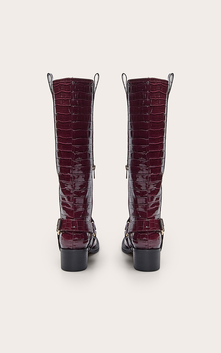 Burgundy Croc Patent Buckle Detail Knee High Boots image 4