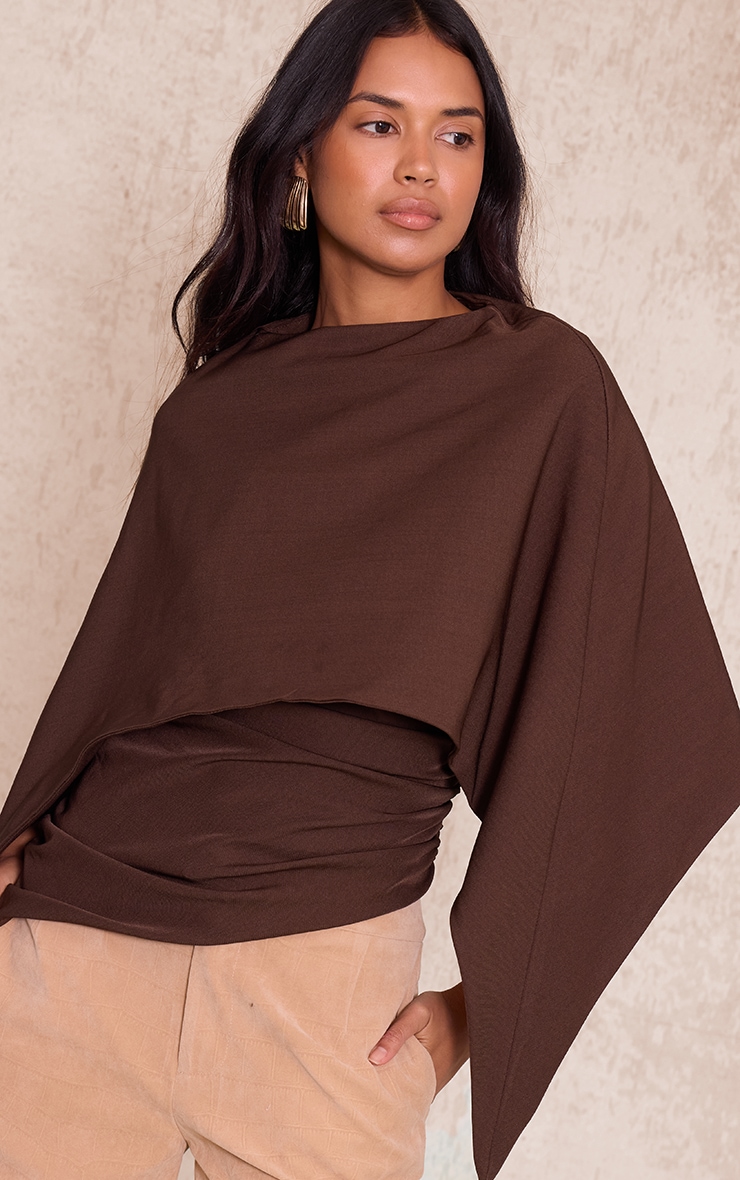 Dark Chocolate Woven Cape Detail Ruched Long Top image 4