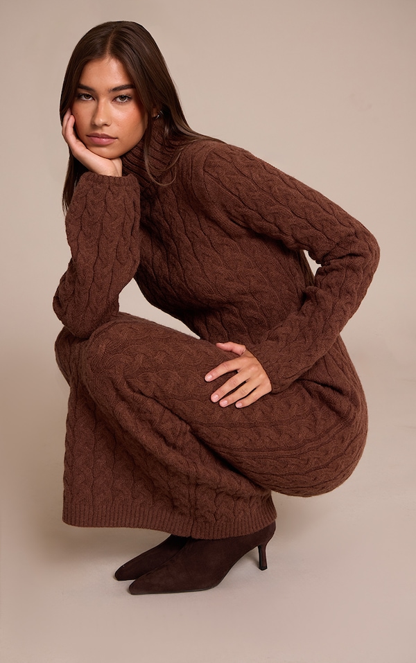 Chocolate Chunky Cable Knit Roll Neck Maxi Sweater Dress