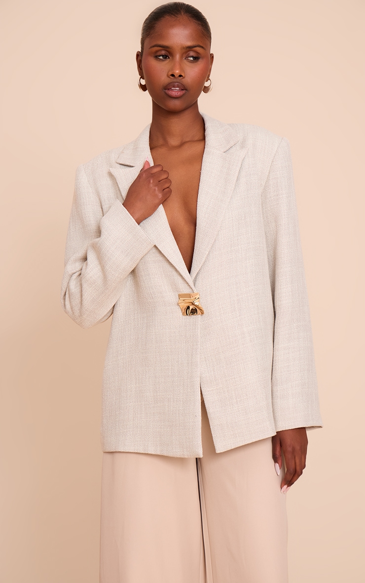 Beige Button Detail Linen Look Boxy Blazer image 1