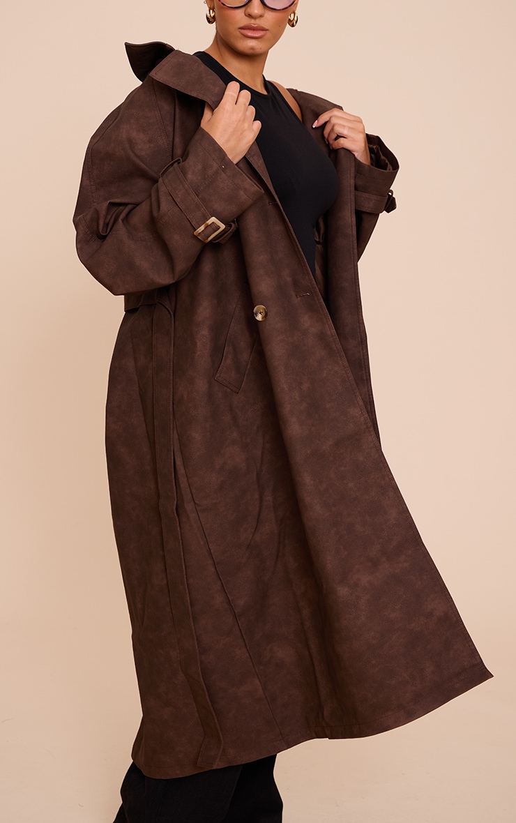 Plus Chocolate Textured Faux Leather Trench Coat image 4