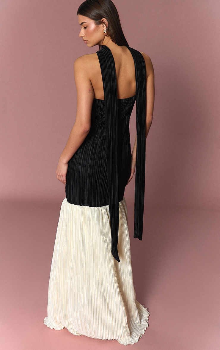 Monochrome Satin Plisse Neck Detail Maxi Dress image 2