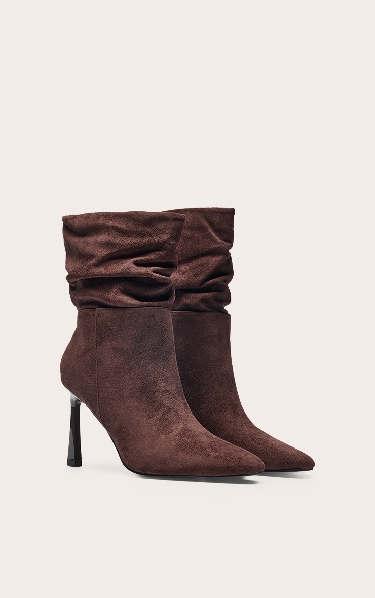 Chocolate Faux Suede Ruched Chiseled Toe Ankle Boots image 3