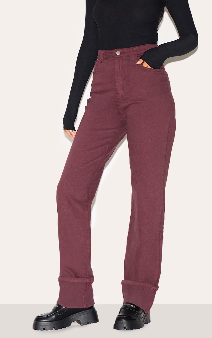 Tall Burgundy Mid Rise Distressed Turn Up Hem Jeans image 2