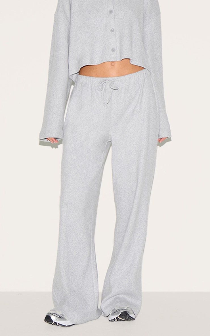 Light Grey Brushed Rib Drawstring Wide Leg Pants image 2