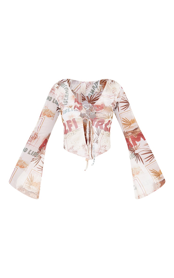 White Tropical Print Mesh Ruffle Tie Front Blouse image 5