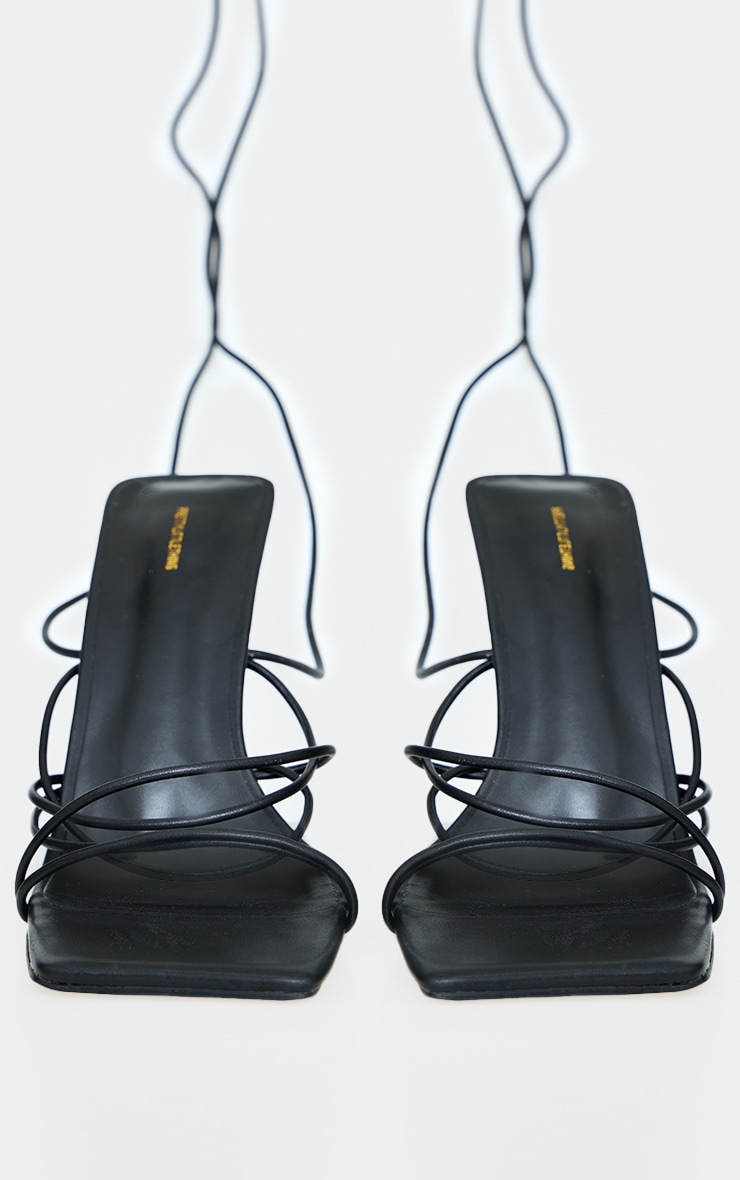 Black Pu Square Toe Strappy Lace Up Heel Sandals image 3