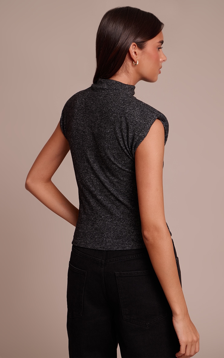 Charcoal Soft Knit Shoulder Detail High Neck Long Top image 2
