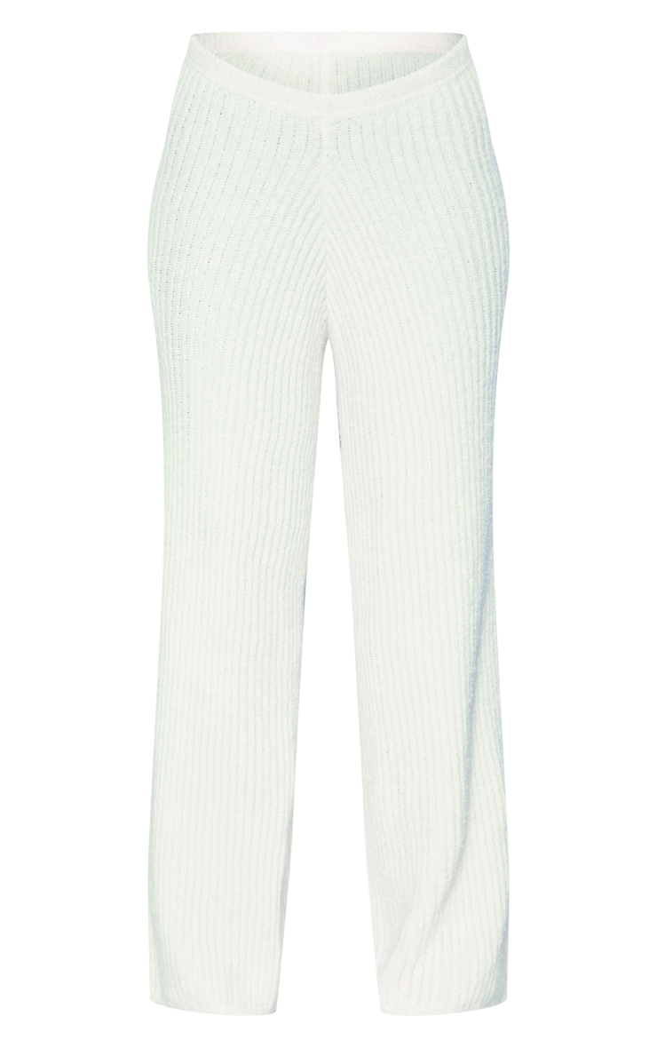 Cream Boucle Knit Ribbed Wide Leg Trousers PrettyLittleThing