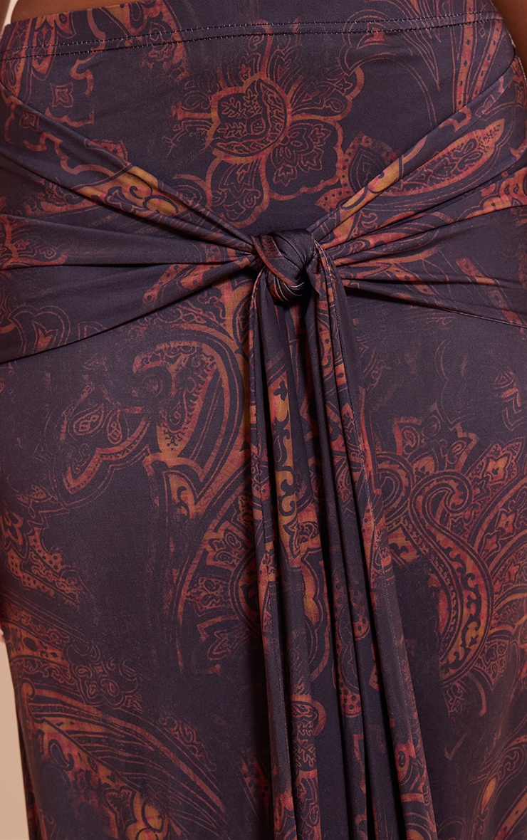 Dark Brown Paisley Print Slinky Tie Detail Maxi Skirt image 4