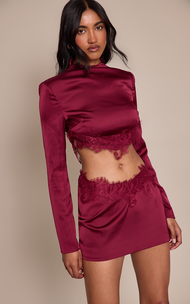 Burgundy Satin Lace Trim Mini Skirt image 4