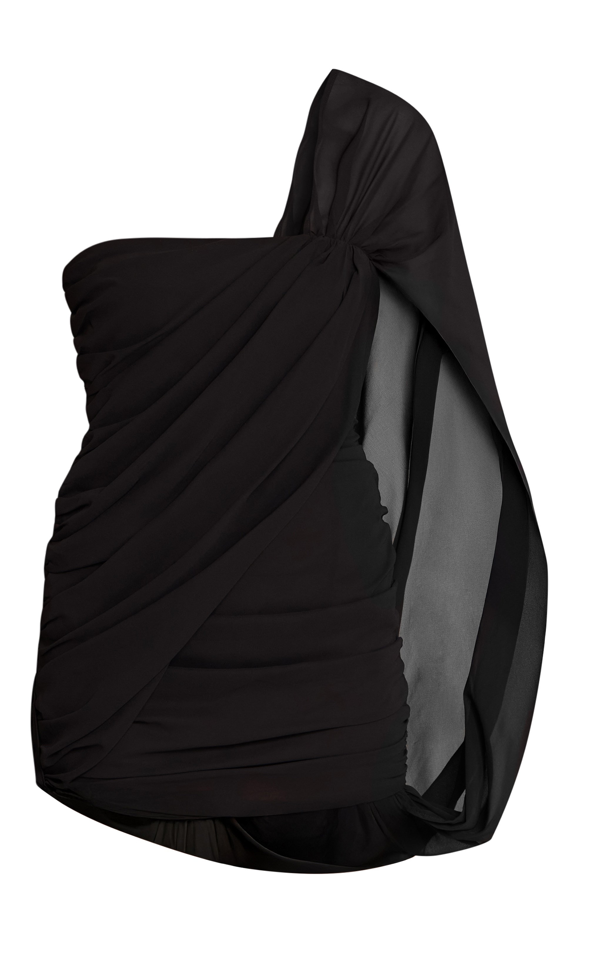 Black Chiffon Ruched One Sleeve Mini Dress image 5