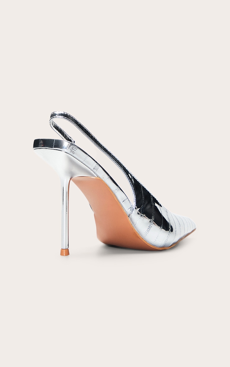 Silver Crinkle Heeled Sling Back Court Shoe image 4