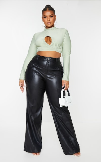 Plus Black Faux Leather Seam Detail Wide Leg Pants