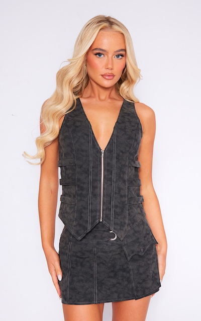 Black Washed Faux Leather Zip Front Strap Detail Corset