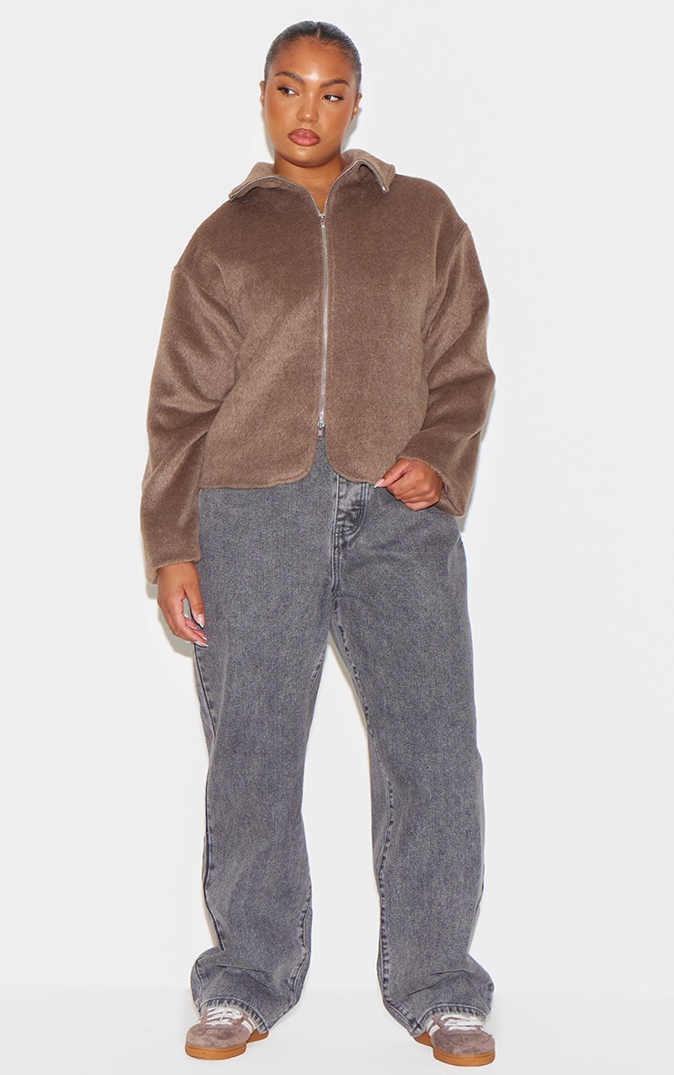 Plus Taupe Wool Look Wide Collar Zip Up Jacket image 3