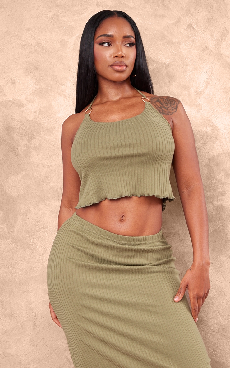 Shape Olive Rib Ring Detail Halterneck Crop Top | Shape ...