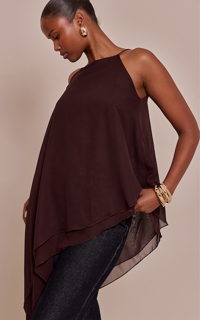 Chocolate Chiffon Strappy Asymmetric Longline Top
