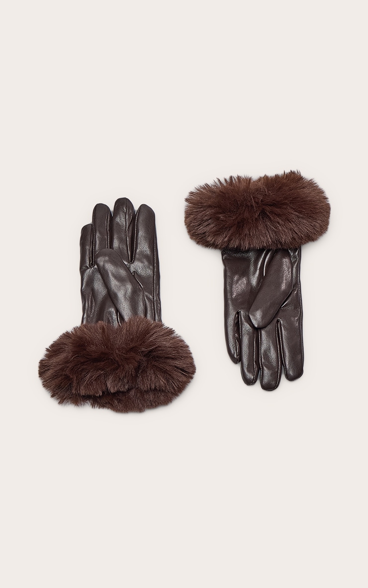 Chocolate Faux Fur Trim Gloves image 2