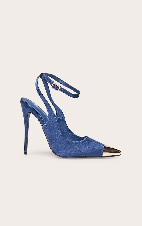 PLT Label Navy Satin Gold Metal Toe Court Shoes