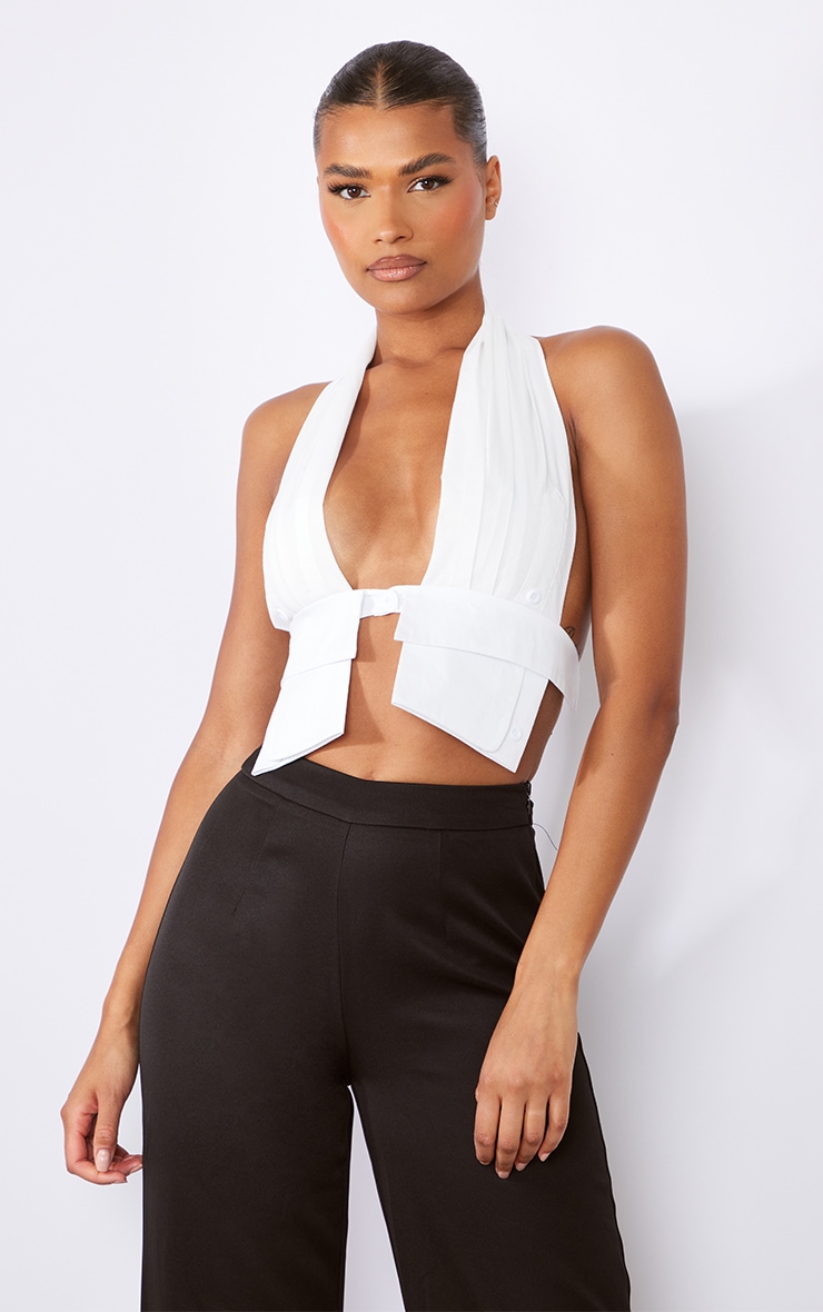 White Shirt Cuff Halter Open Back Crop Top image 1